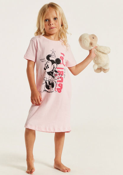Disney Minnie Mouse Print Night Dress with Crew Neck and Short Sleeves