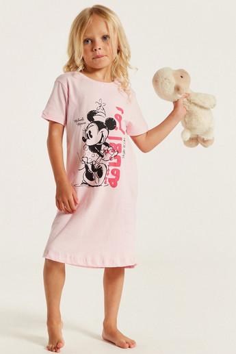 Disney Minnie Mouse Print Night Dress with Crew Neck and Short Sleeves