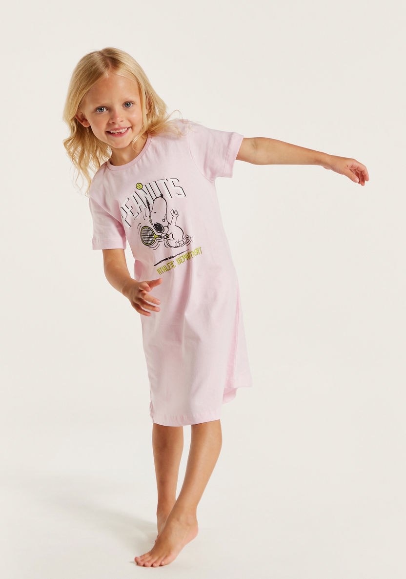 Peanuts Print Night Dress with Crew Neck and Short Sleeves-Nightwear-image-0