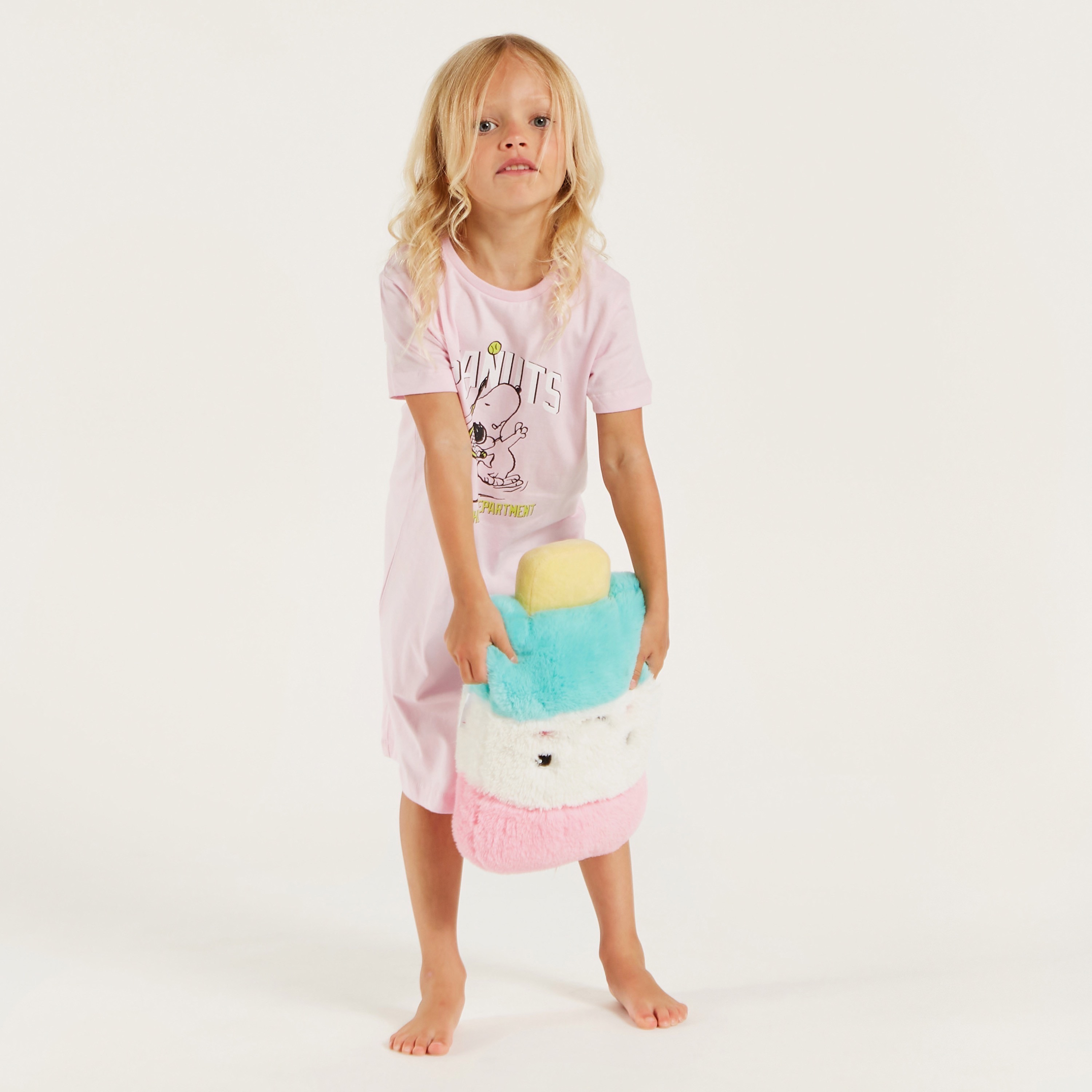 Peanuts Print Night Dress with Crew Neck and Short Sleeves-girls-clothing-nightwear-image-2