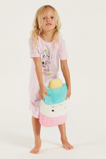 Peanuts Print Night Dress with Crew Neck and Short Sleeves