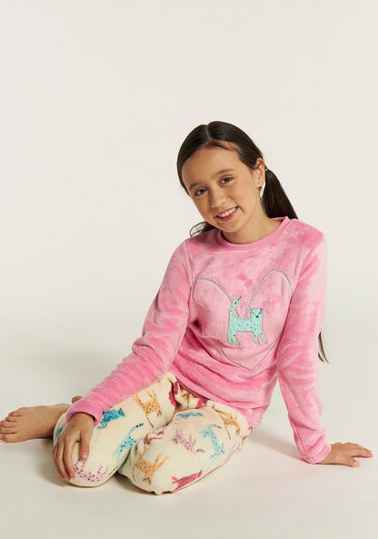 Juniors Cat Print Long Sleeves T-shirt and Pyjama Set-Nightwear-image-0