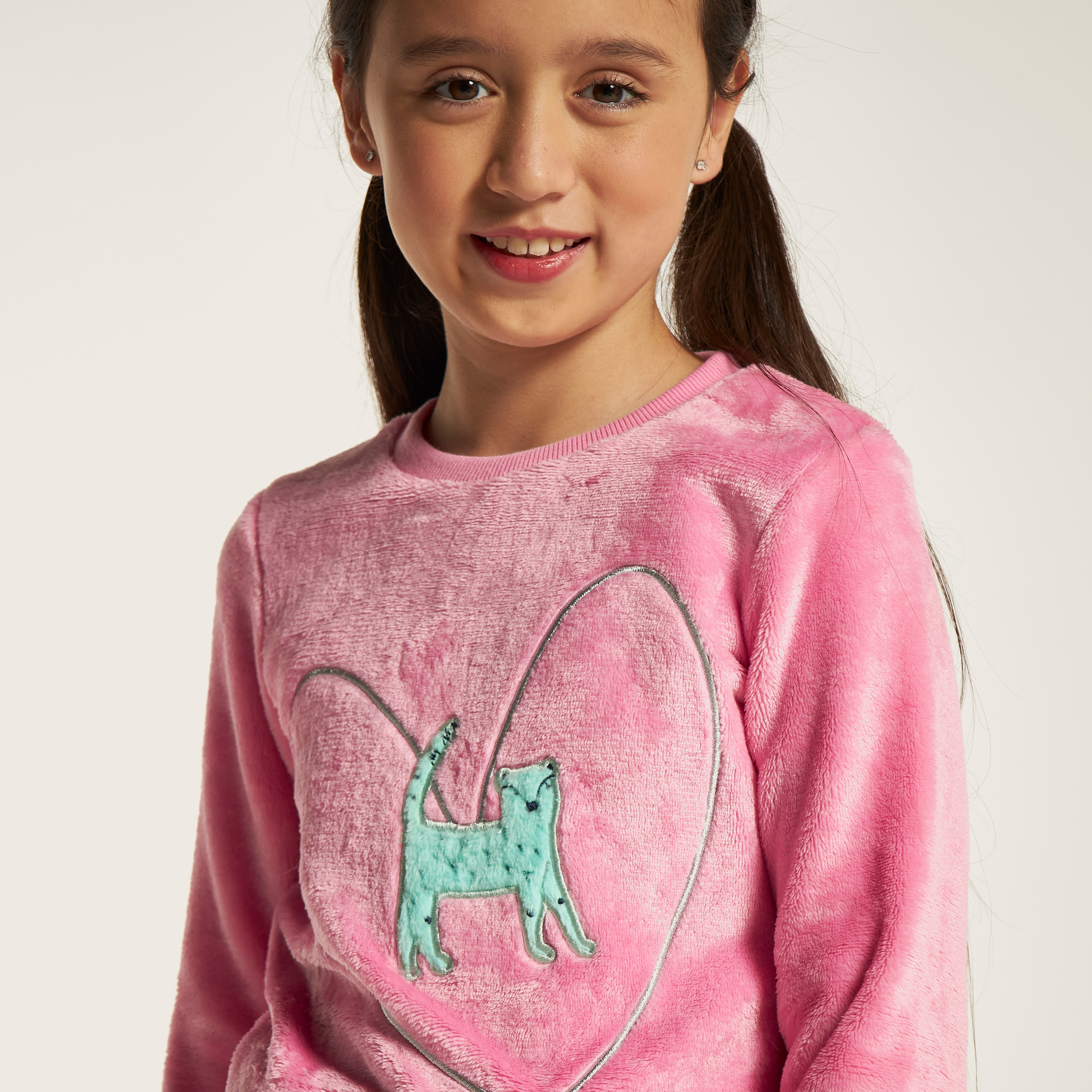 Juniors Cat Print Long Sleeves T-shirt and Pyjama Set-girls-clothing-nightwear-image-4