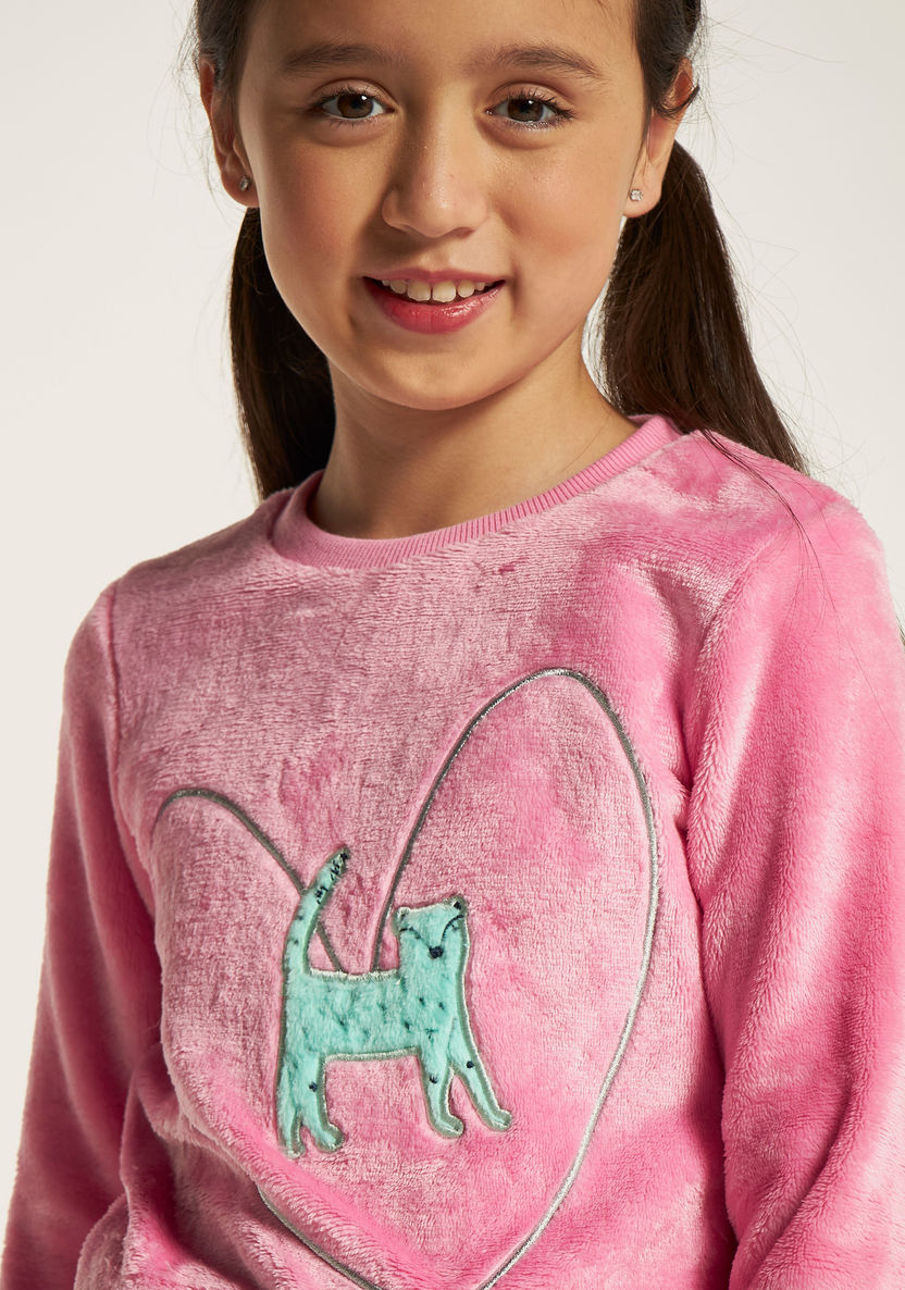 Juniors Cat Print Long Sleeves T-shirt and Pyjama Set-Nightwear-image-3
