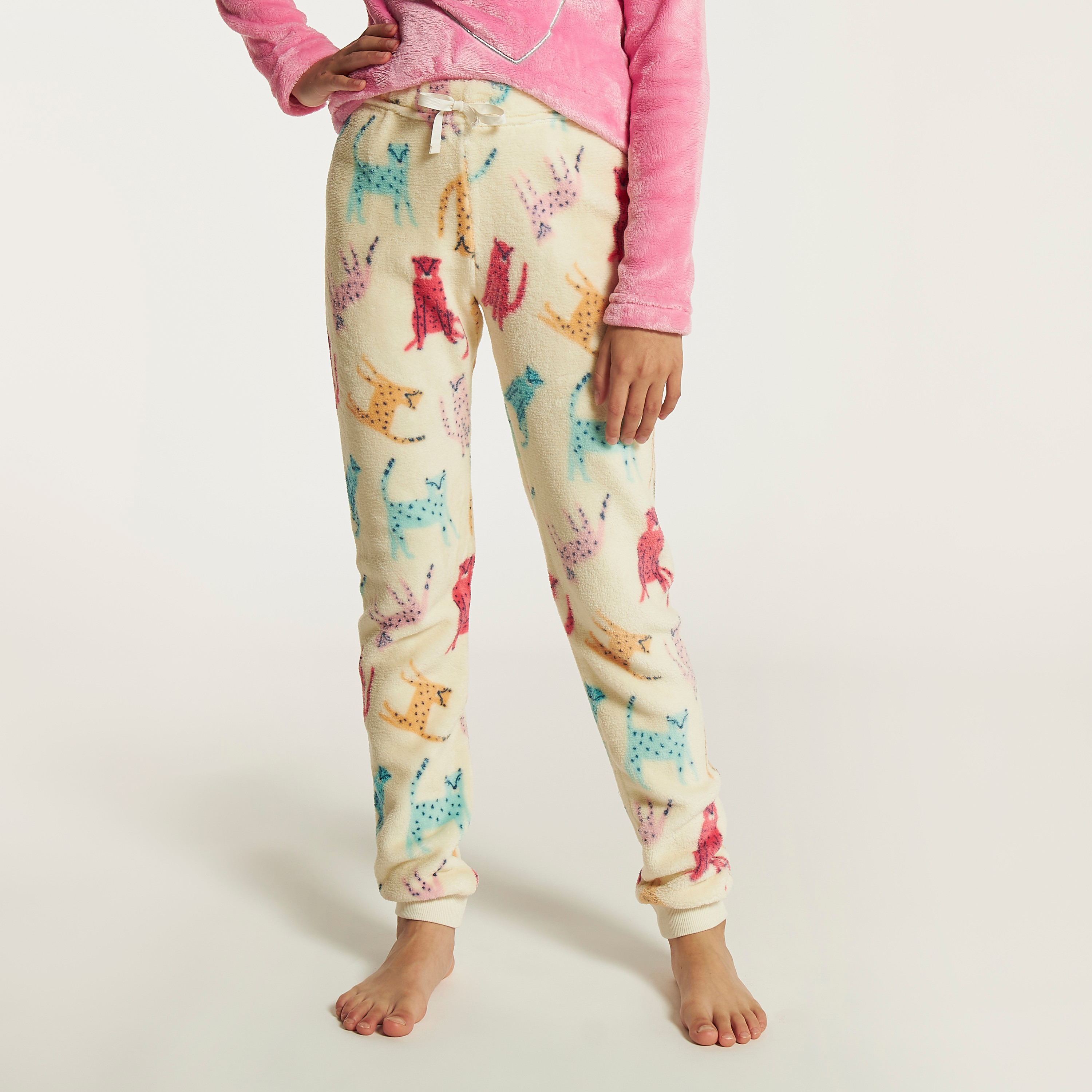 Juniors Cat Print Long Sleeves T-shirt and Pyjama Set-girls-clothing-nightwear-image-5