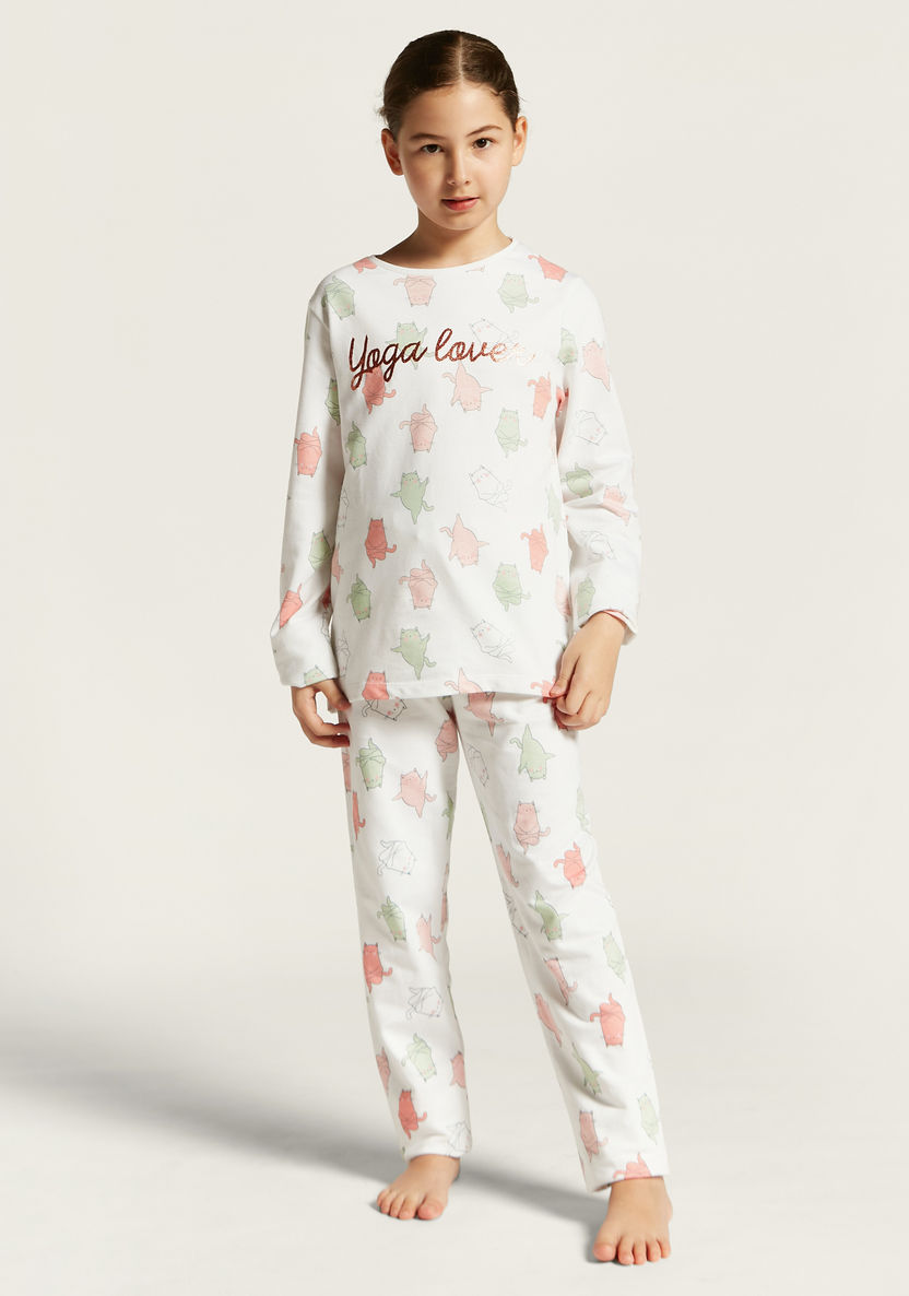 Juniors Cat Print Long Sleeves T-shirt and Pyjama Set-Nightwear-image-0