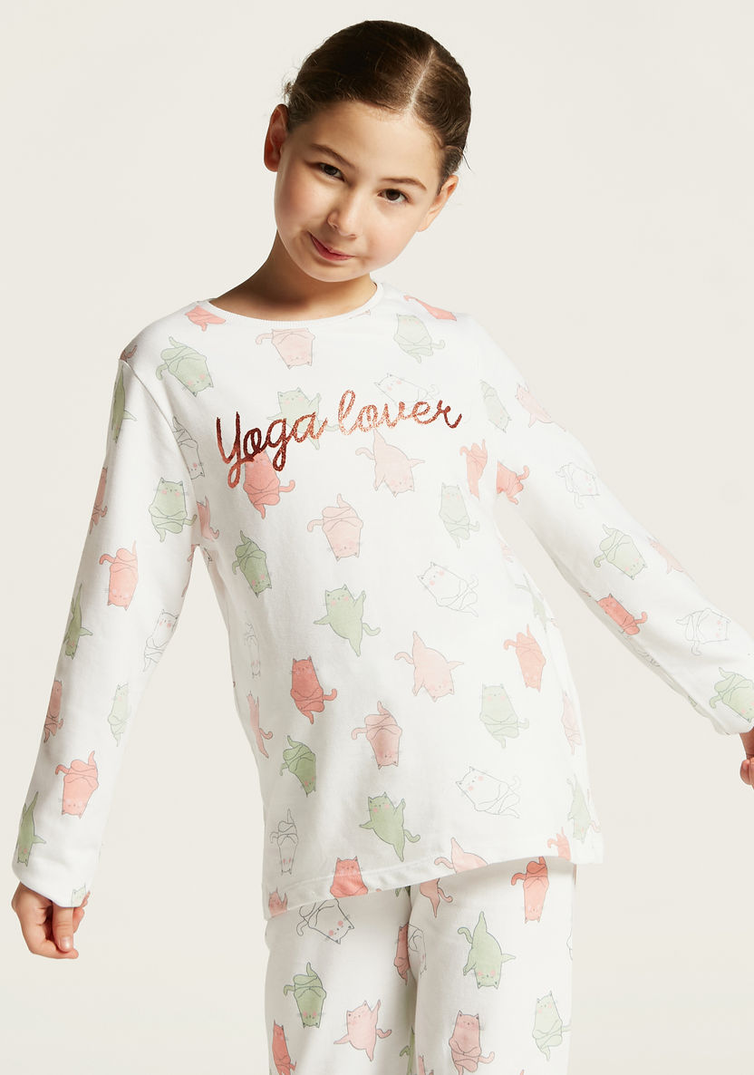 Juniors Cat Print Long Sleeves T-shirt and Pyjama Set-Nightwear-image-1