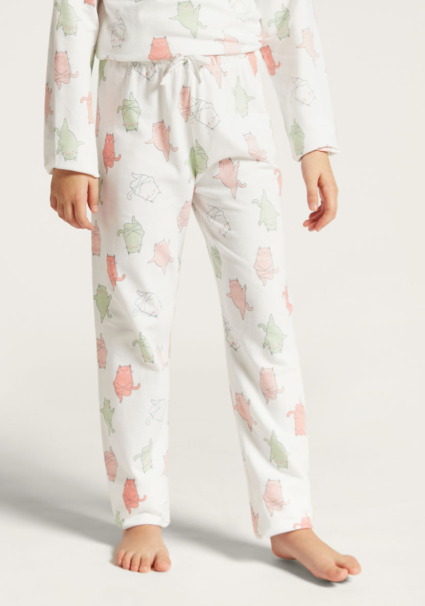 Juniors Cat Print Long Sleeves T-shirt and Pyjama Set-Nightwear-image-2