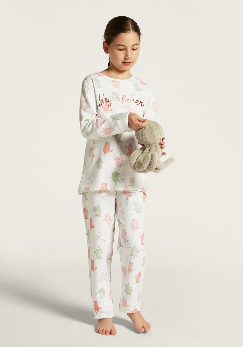 Juniors Cat Print Long Sleeves T-shirt and Pyjama Set-Nightwear-image-4