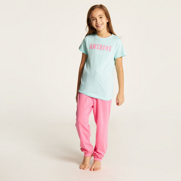 Juniors Printed Round Neck T-shirt and Pyjama Set