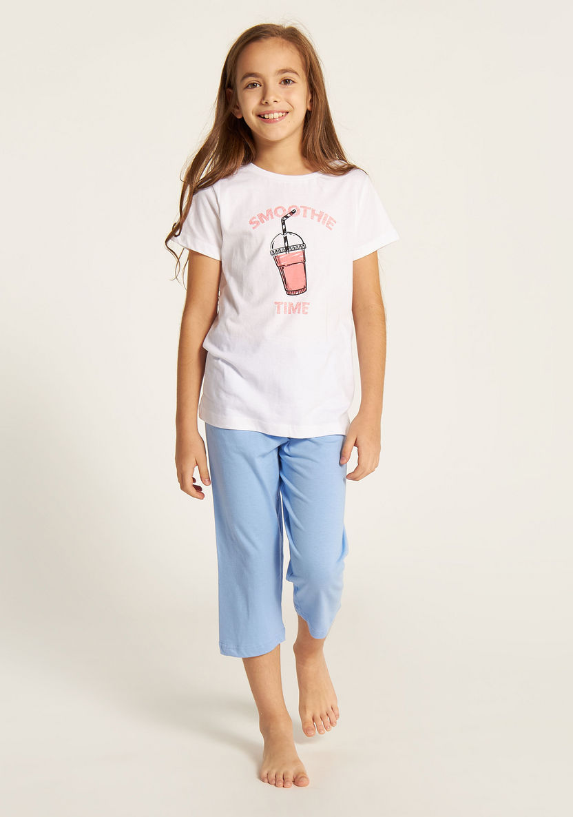 Juniors Printed Crew Neck T-shirt and Capri Set-Nightwear-image-1