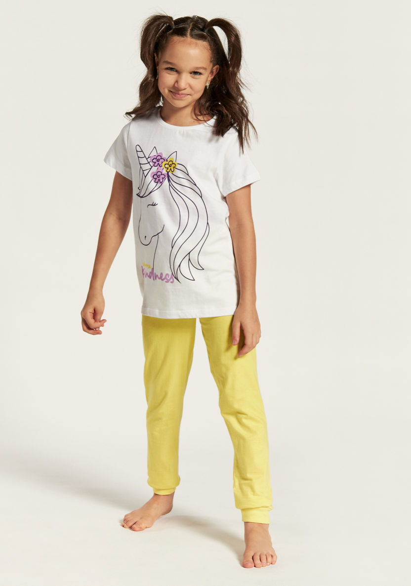 Juniors Unicorn Print Short Sleeves T-shirt and Solid Pyjama Set-Nightwear-image-0