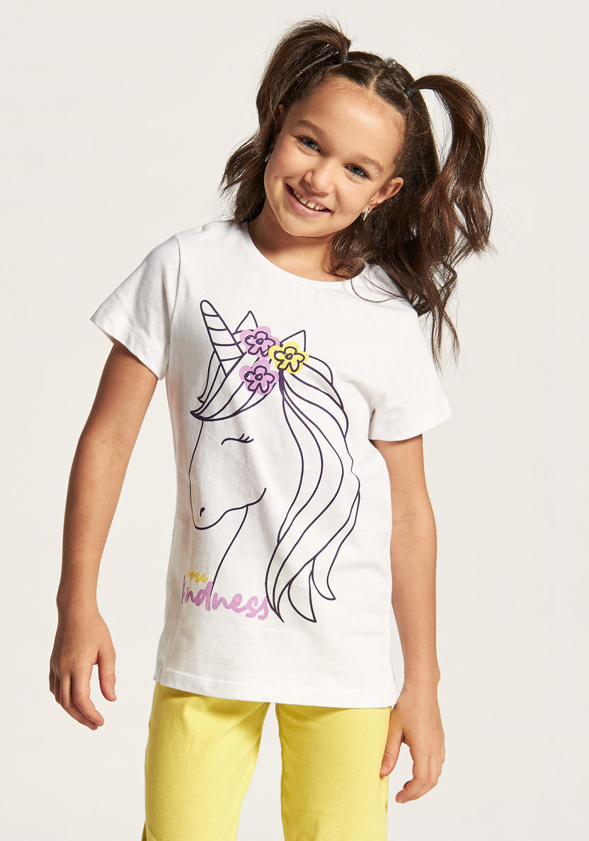 Juniors Unicorn Print Short Sleeves T-shirt and Solid Pyjama Set-Nightwear-image-1