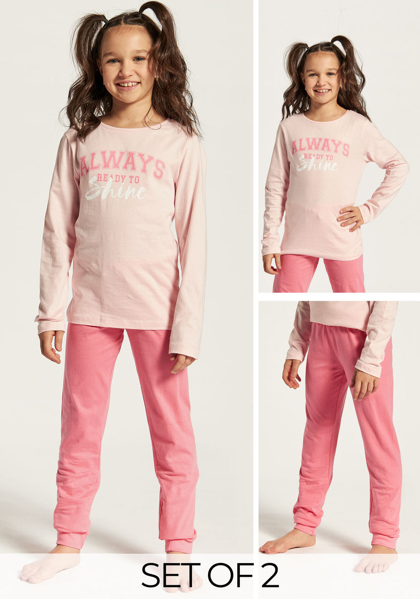 Juniors Slogan Print Long Sleeves T-shirt and Solid Pyjama Set-Nightwear-image-0