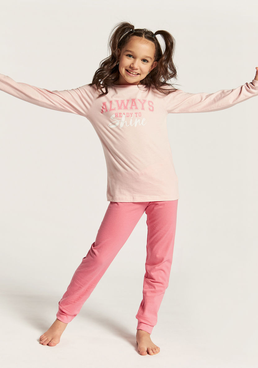 Juniors Slogan Print Long Sleeves T-shirt and Solid Pyjama Set-Nightwear-image-1