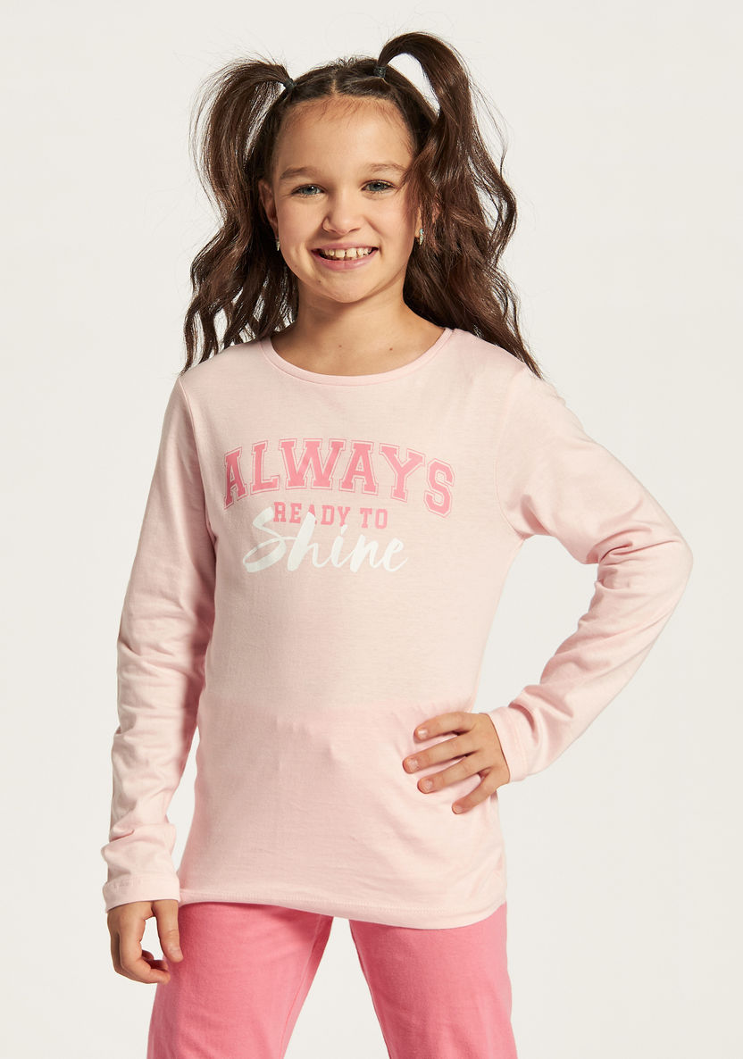 Juniors Slogan Print Long Sleeves T-shirt and Solid Pyjama Set-Nightwear-image-2
