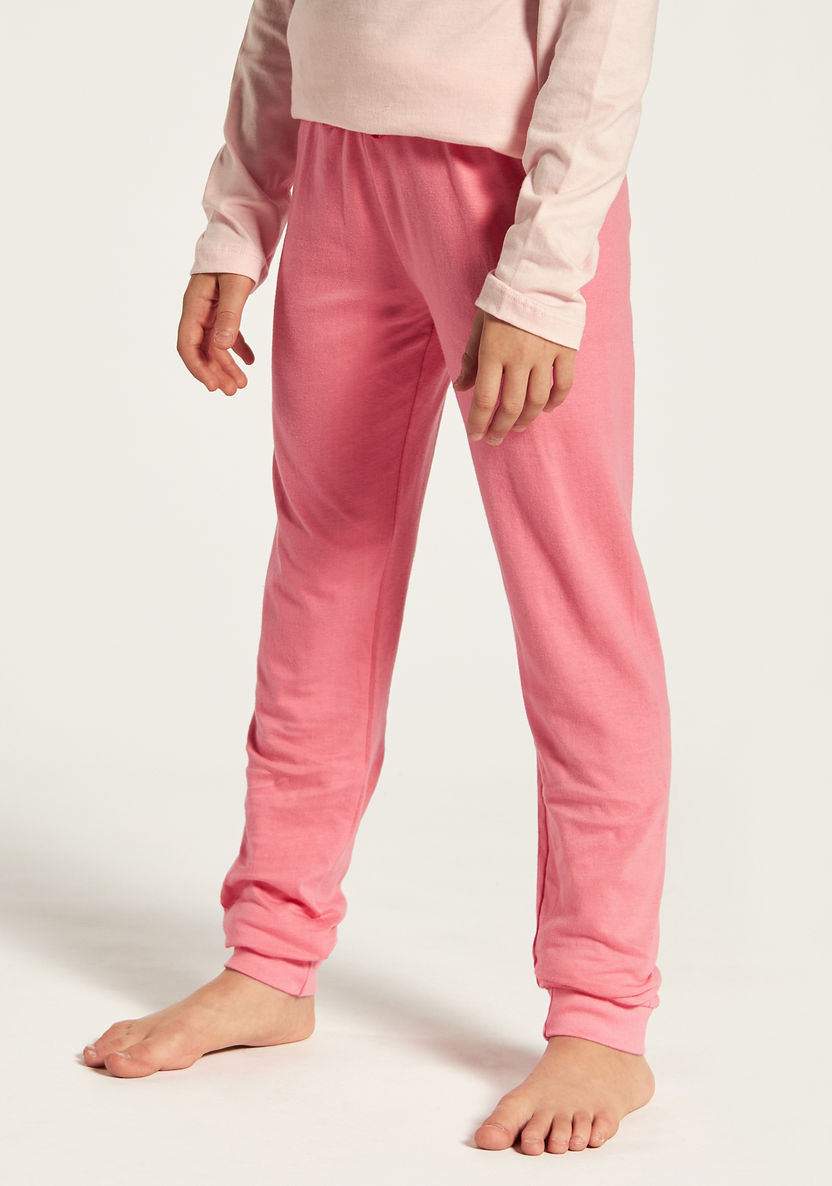 Juniors Slogan Print Long Sleeves T-shirt and Solid Pyjama Set-Nightwear-image-3