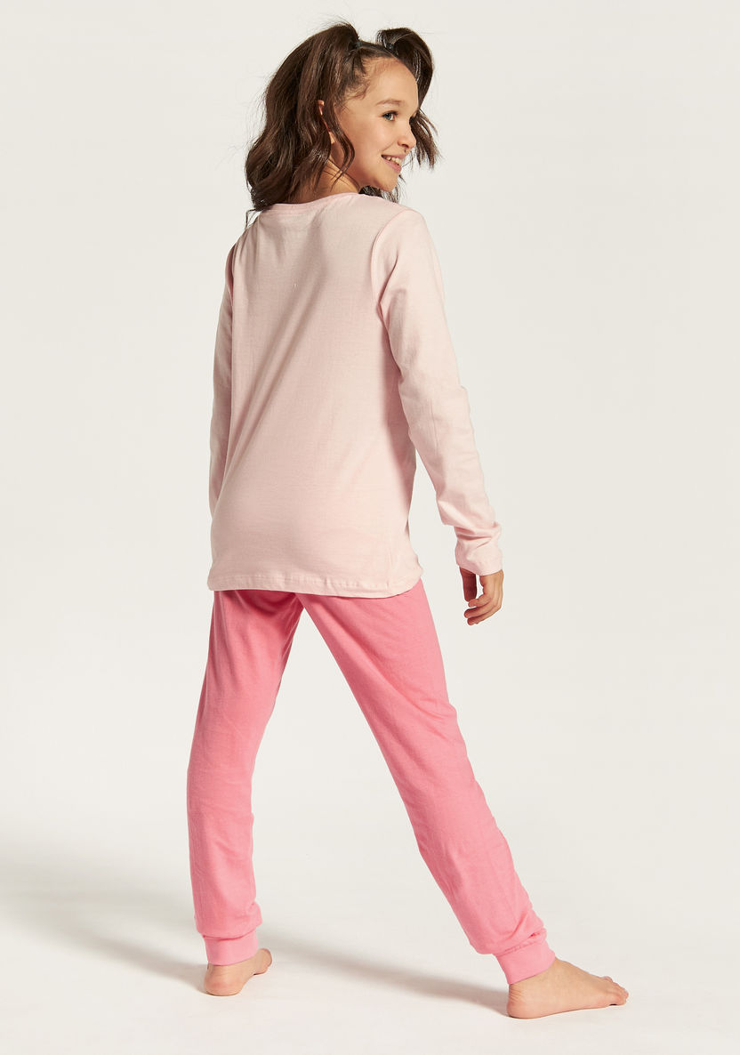 Juniors Slogan Print Long Sleeves T-shirt and Solid Pyjama Set-Nightwear-image-4