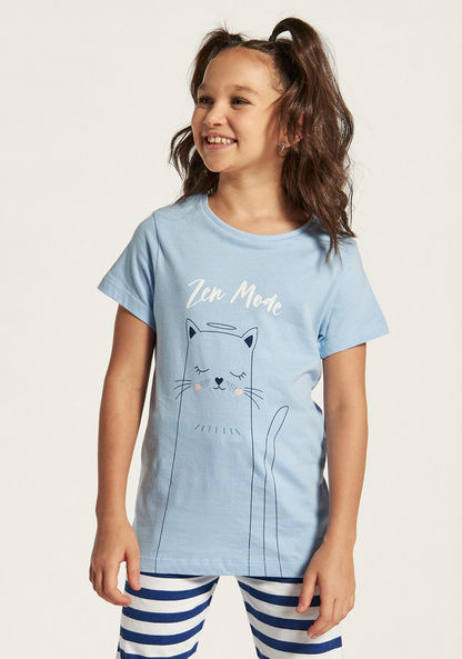 Juniors Cat Print Short Sleeves T-shirt and Elasticated Pyjama Set