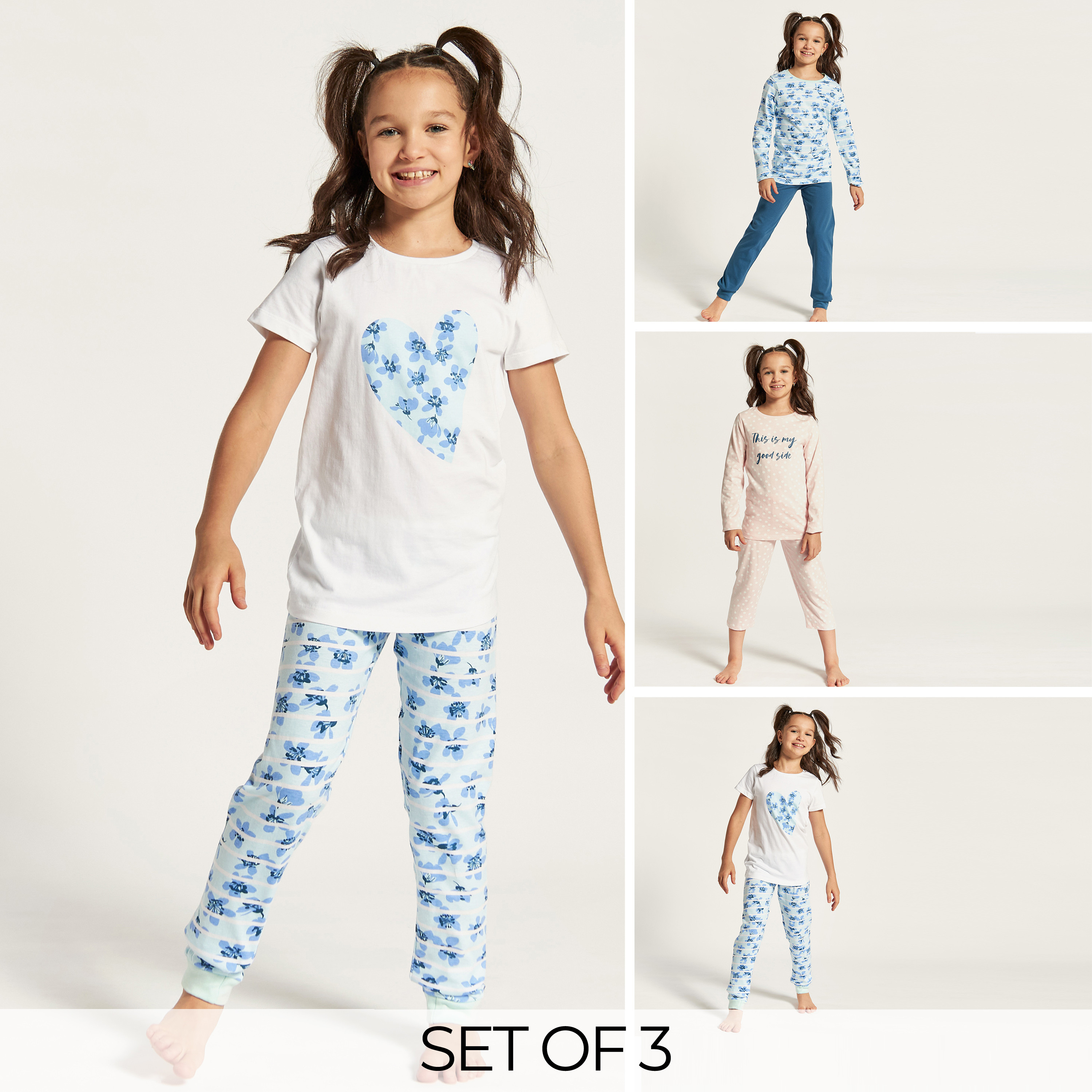 Juniors Printed T-shirt and Elasticated Pyjamas - Set of 3-girls-clothing-nightwear-image-1