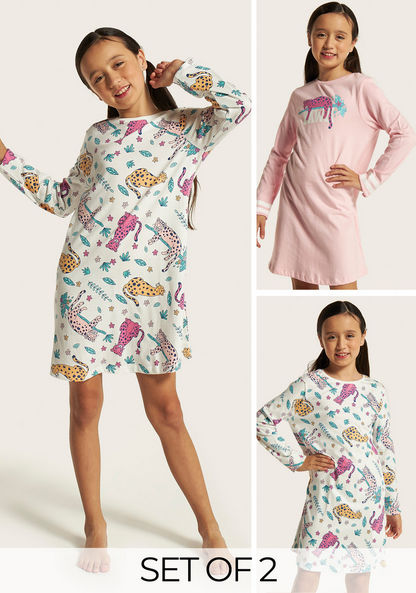 Juniors Printed Night Dress with Long Sleeves - Set of 2-Nightwear-image-0
