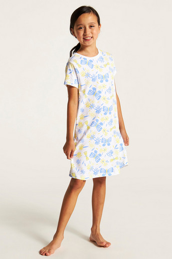 Juniors Printed Crew Neck Night Dress with Short Sleeves