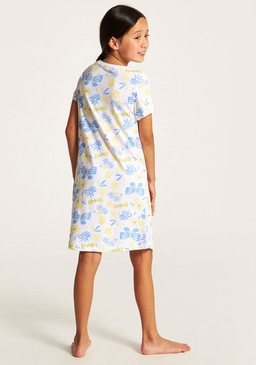 Juniors Printed Crew Neck Night Dress with Short Sleeves-Nightwear-image-3