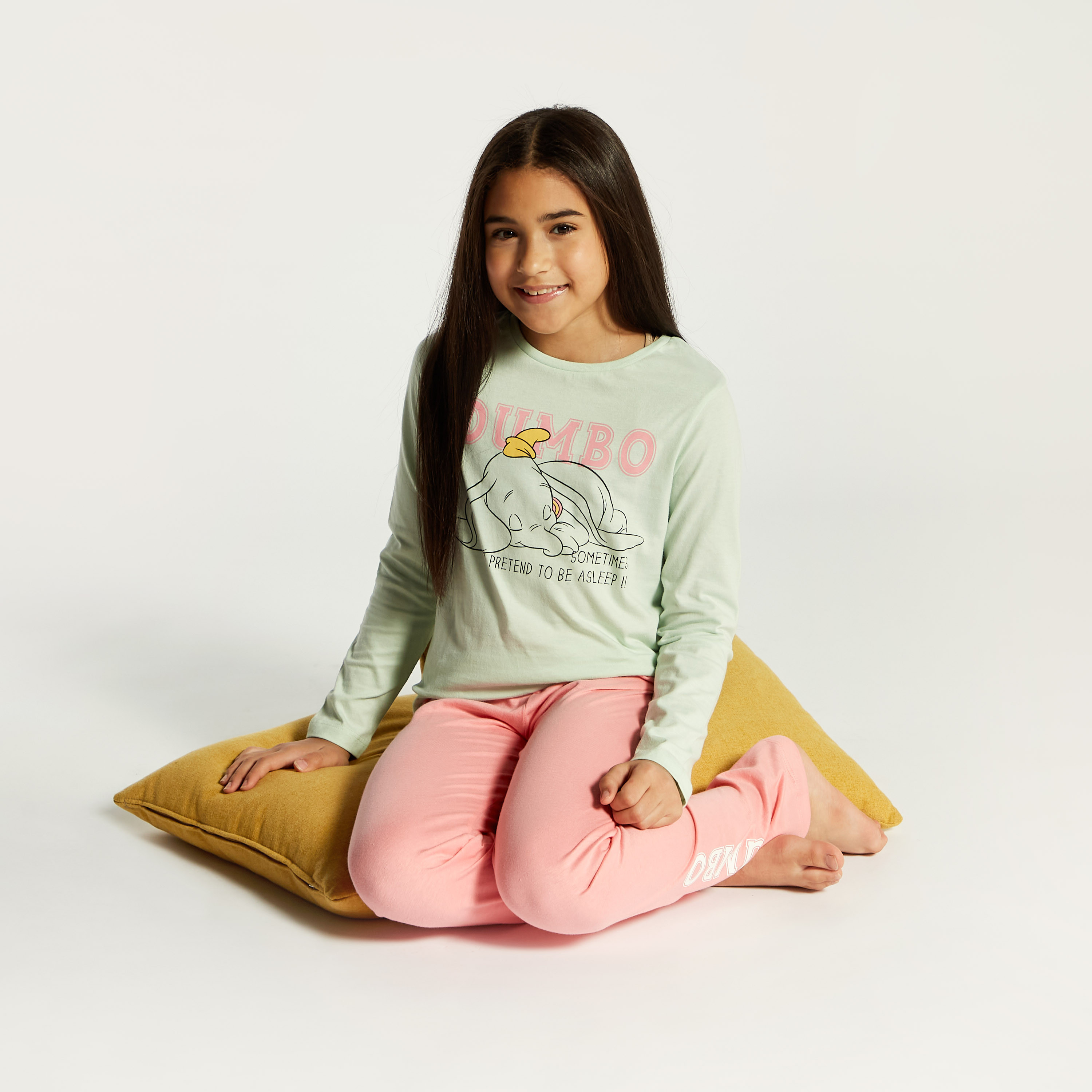 Dumbo Print Long Sleeve T-shirt and Pyjama Set-girls-clothing-nightwear-image-1