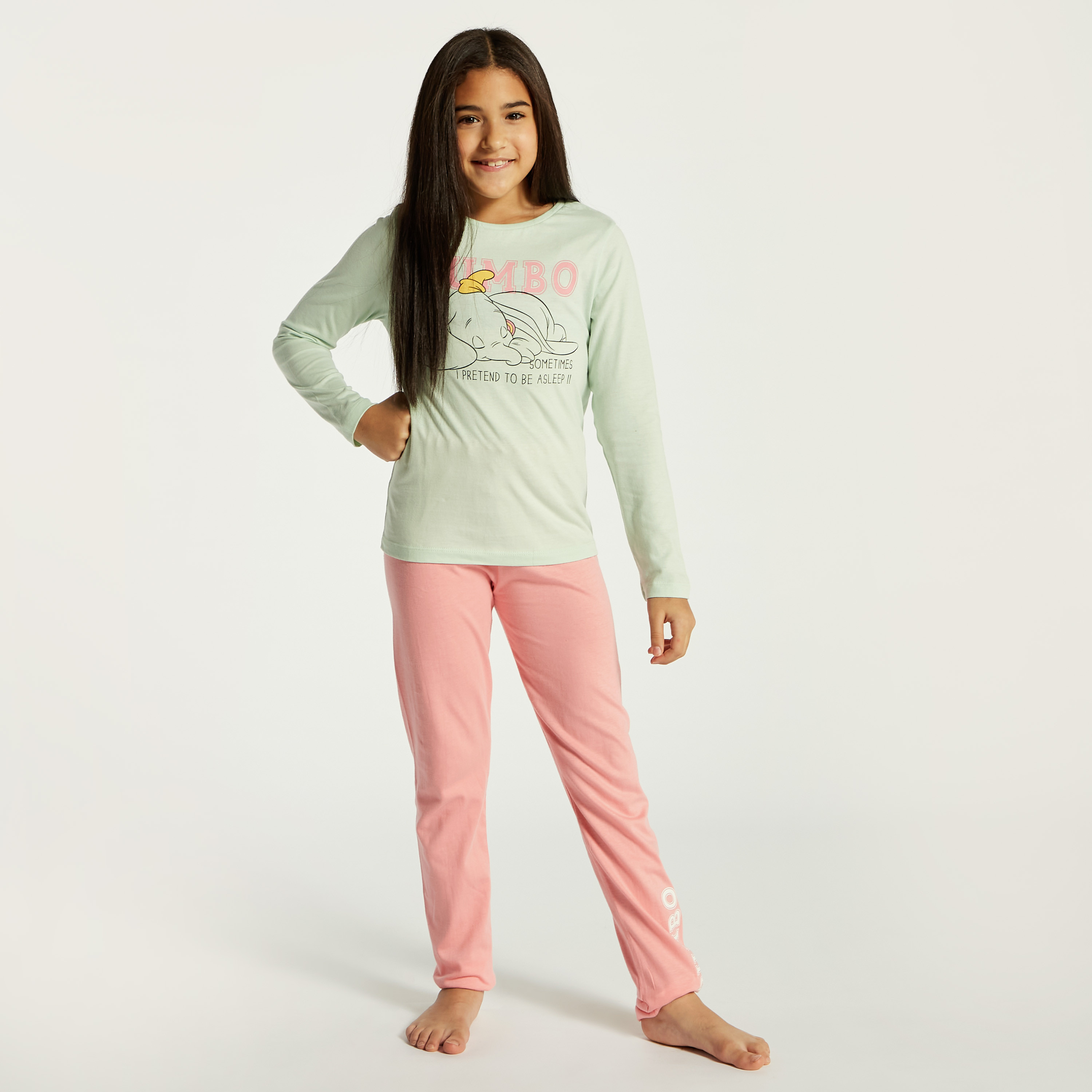 Dumbo Print Long Sleeve T-shirt and Pyjama Set-girls-clothing-nightwear-image-2