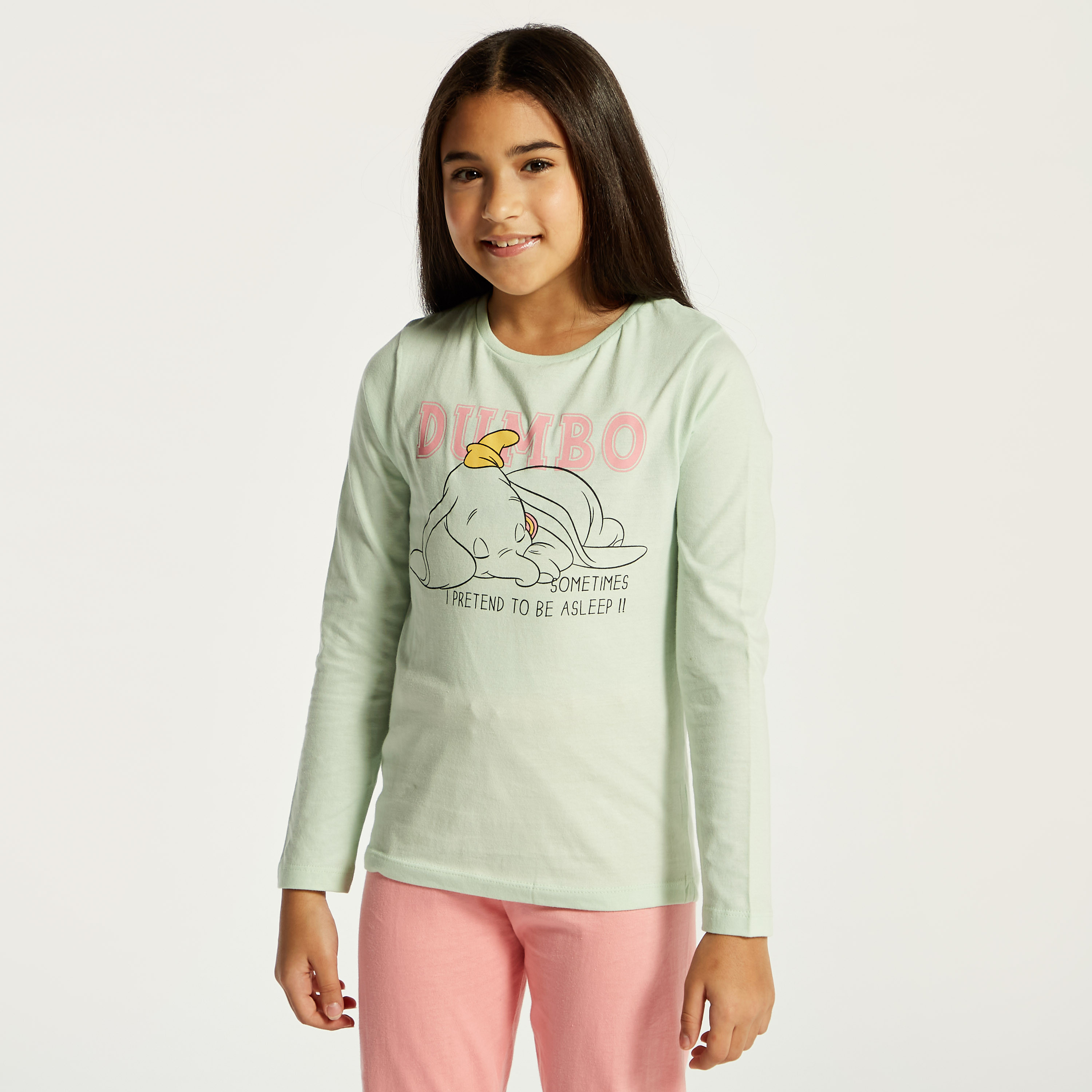 Dumbo Print Long Sleeve T-shirt and Pyjama Set-girls-clothing-nightwear-image-3