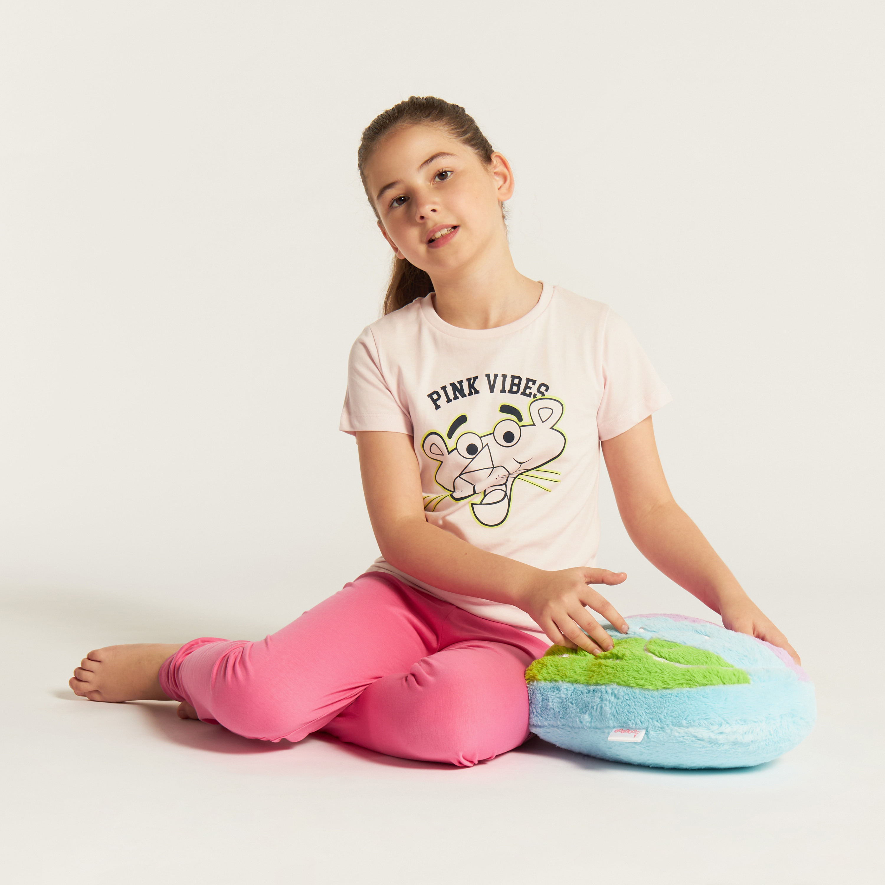 The Pink Panther Print Crew Neck T-shirt and Elasticated Pyjama Set-girls-clothing-nightwear-image-1