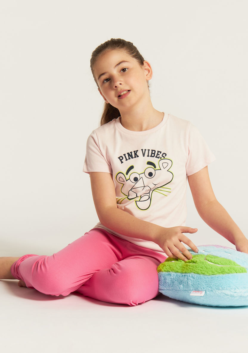 The Pink Panther Print Crew Neck T-shirt and Elasticated Pyjama Set-Nightwear-image-0