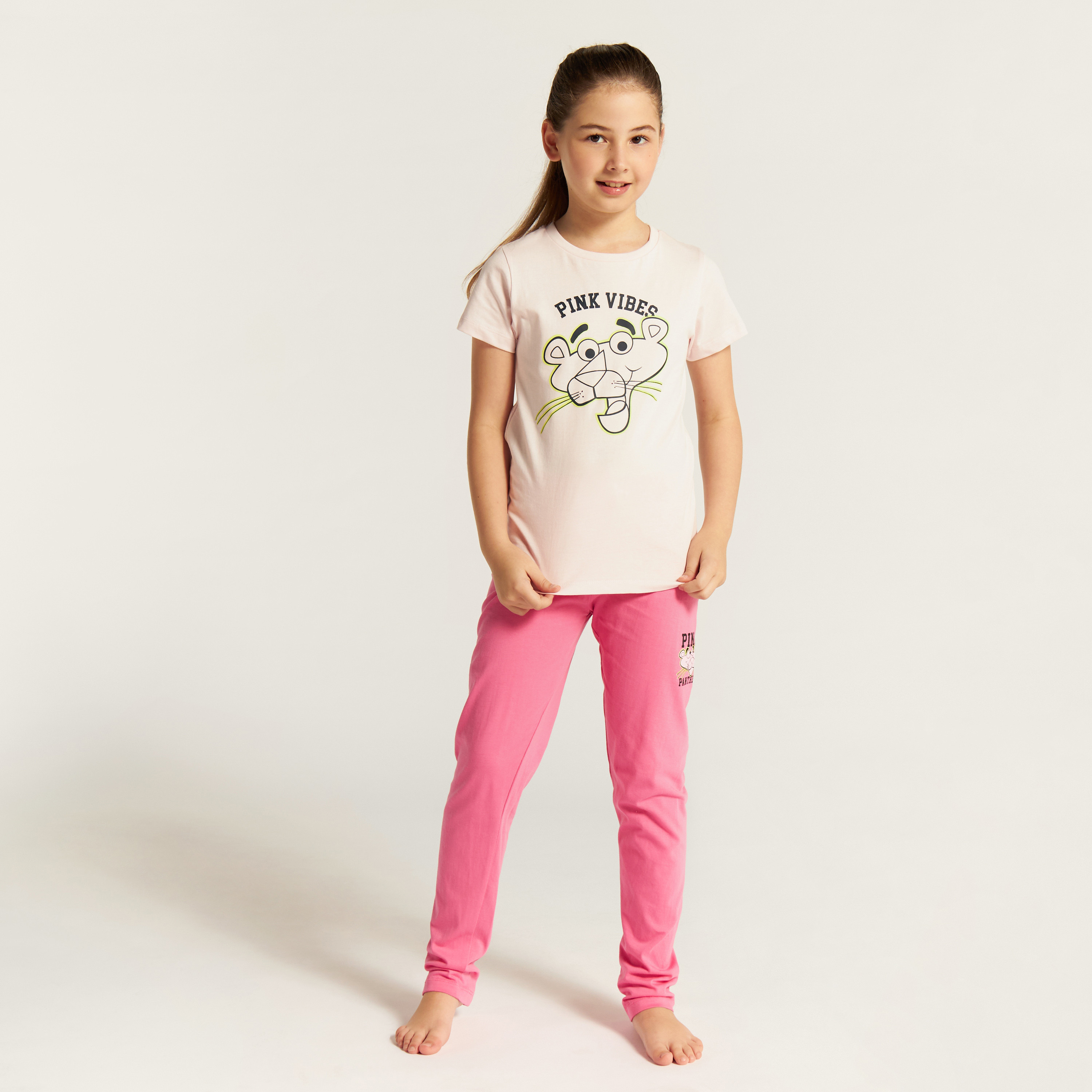 The Pink Panther Print Crew Neck T-shirt and Elasticated Pyjama Set-girls-clothing-nightwear-image-2