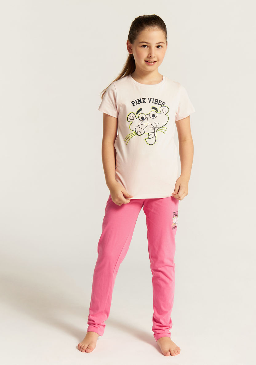 The Pink Panther Print Crew Neck T-shirt and Elasticated Pyjama Set-Nightwear-image-1