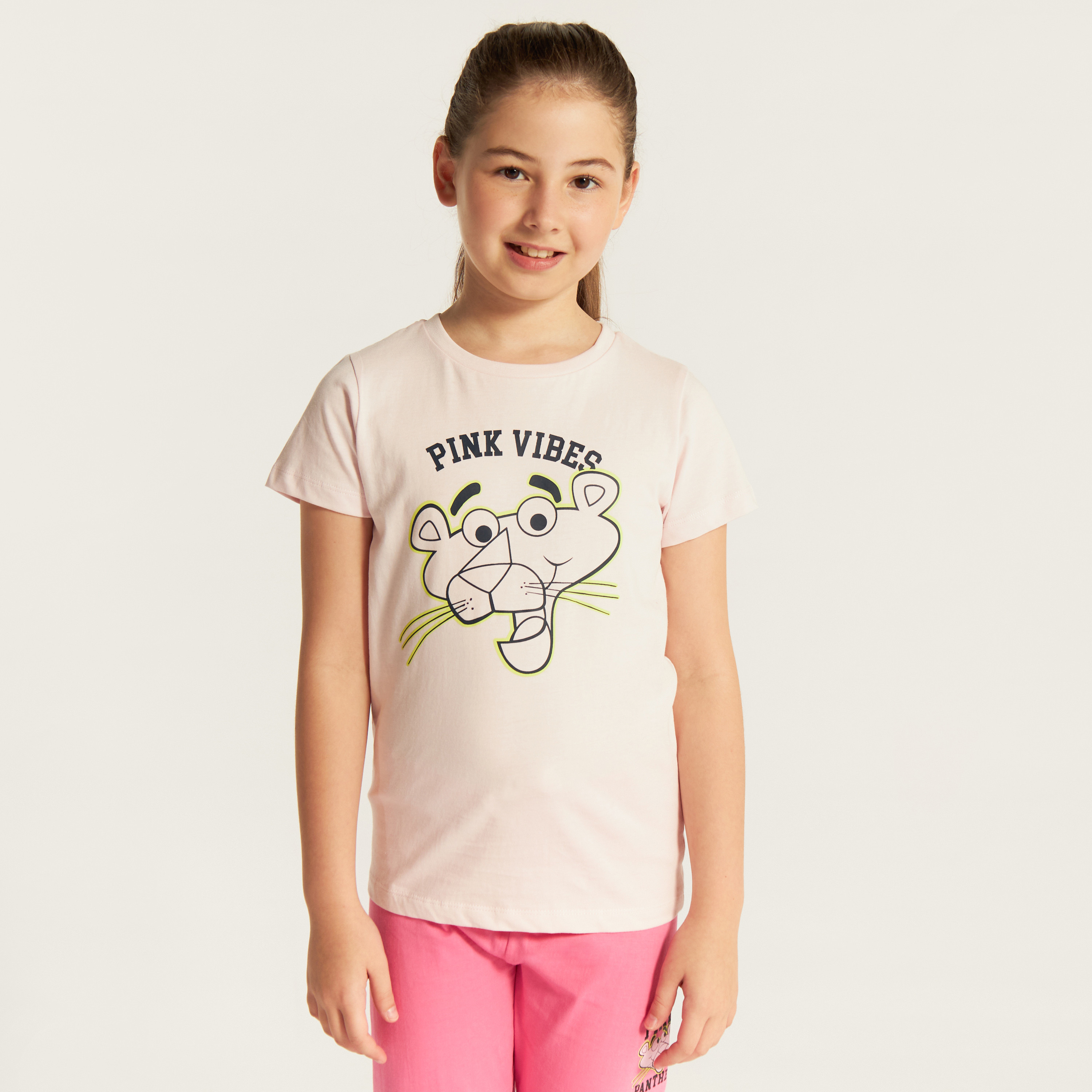The Pink Panther Print Crew Neck T-shirt and Elasticated Pyjama Set-girls-clothing-nightwear-image-3