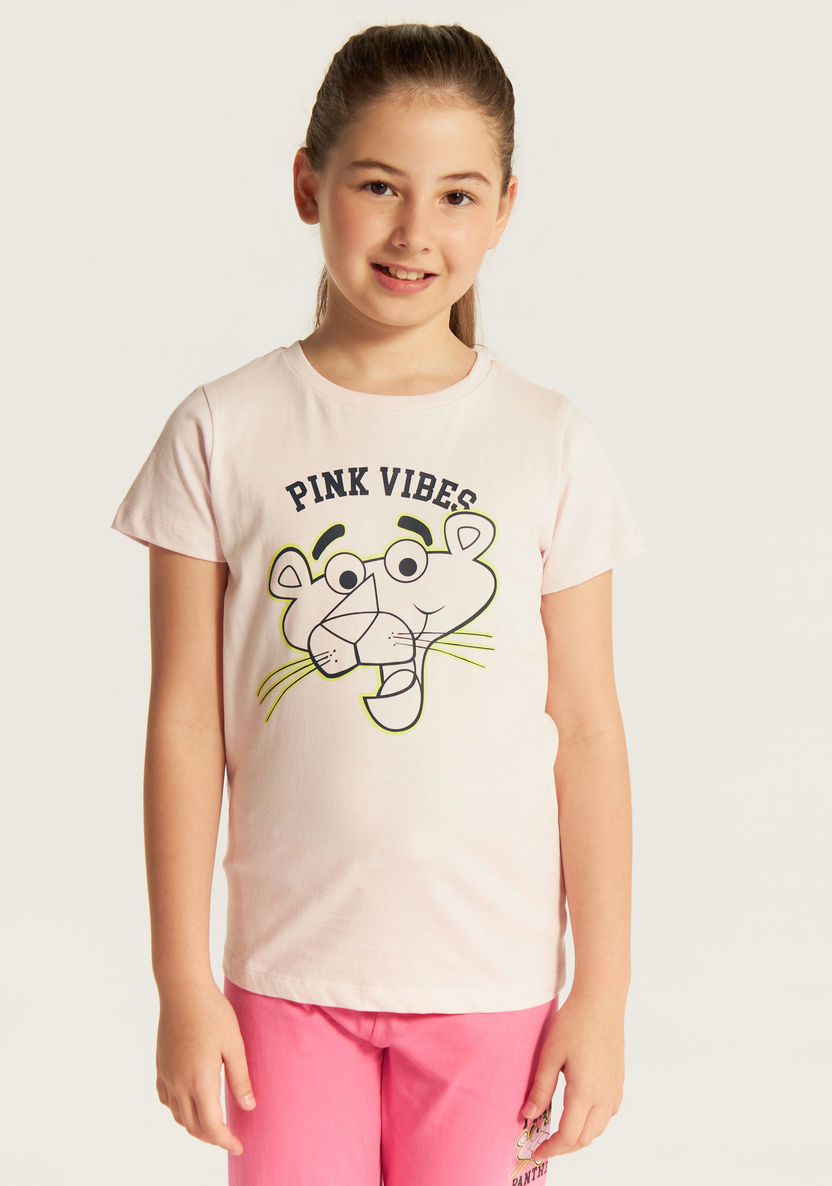 The Pink Panther Print Crew Neck T-shirt and Elasticated Pyjama Set-Nightwear-image-2