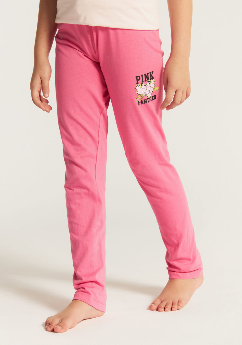 The Pink Panther Print Crew Neck T-shirt and Elasticated Pyjama Set-Nightwear-image-3