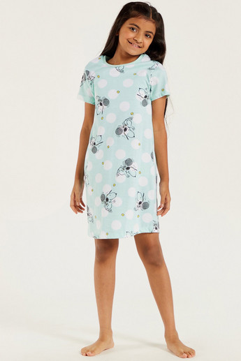 Peanuts Print Round Neck Nightdress with Short Sleeves