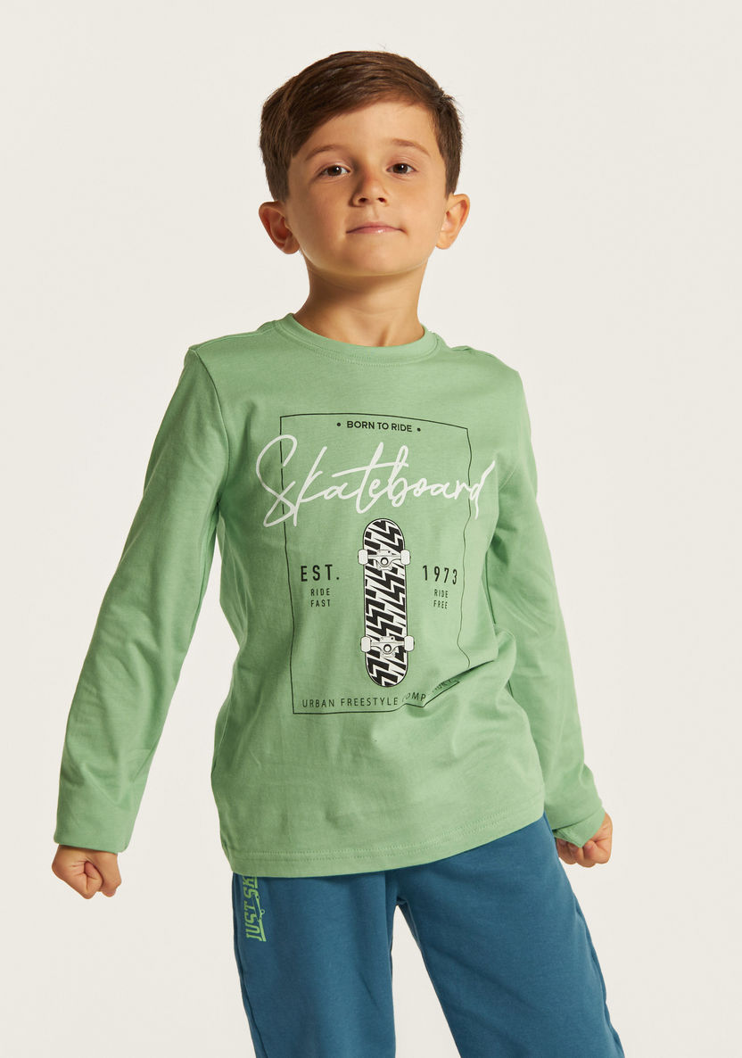 Juniors Skateboard Graphic Print T-shirt with Long Sleeves and Crew Neck-T Shirts-image-1