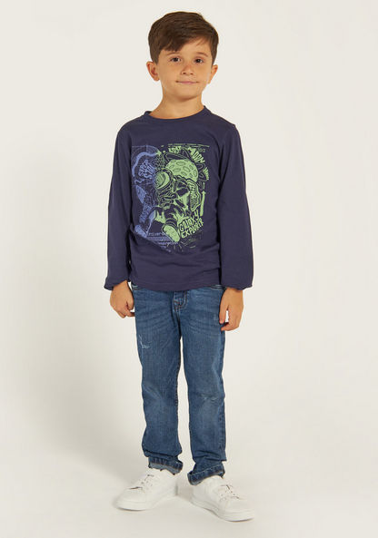 Juniors Graphic Print T-shirt with Long Sleeves and Crew Neck-T Shirts-image-1