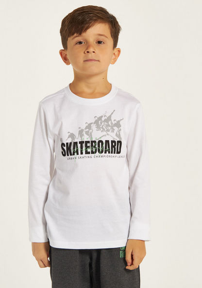 Juniors Skateboard Graphic Print T-shirt with Long Sleeves and Round Neck-T Shirts-image-0