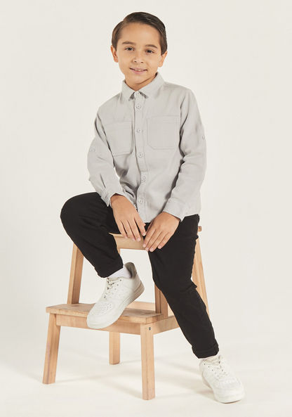 Juniors Solid Collar Shirt with Long Sleeves and Pocket Detail