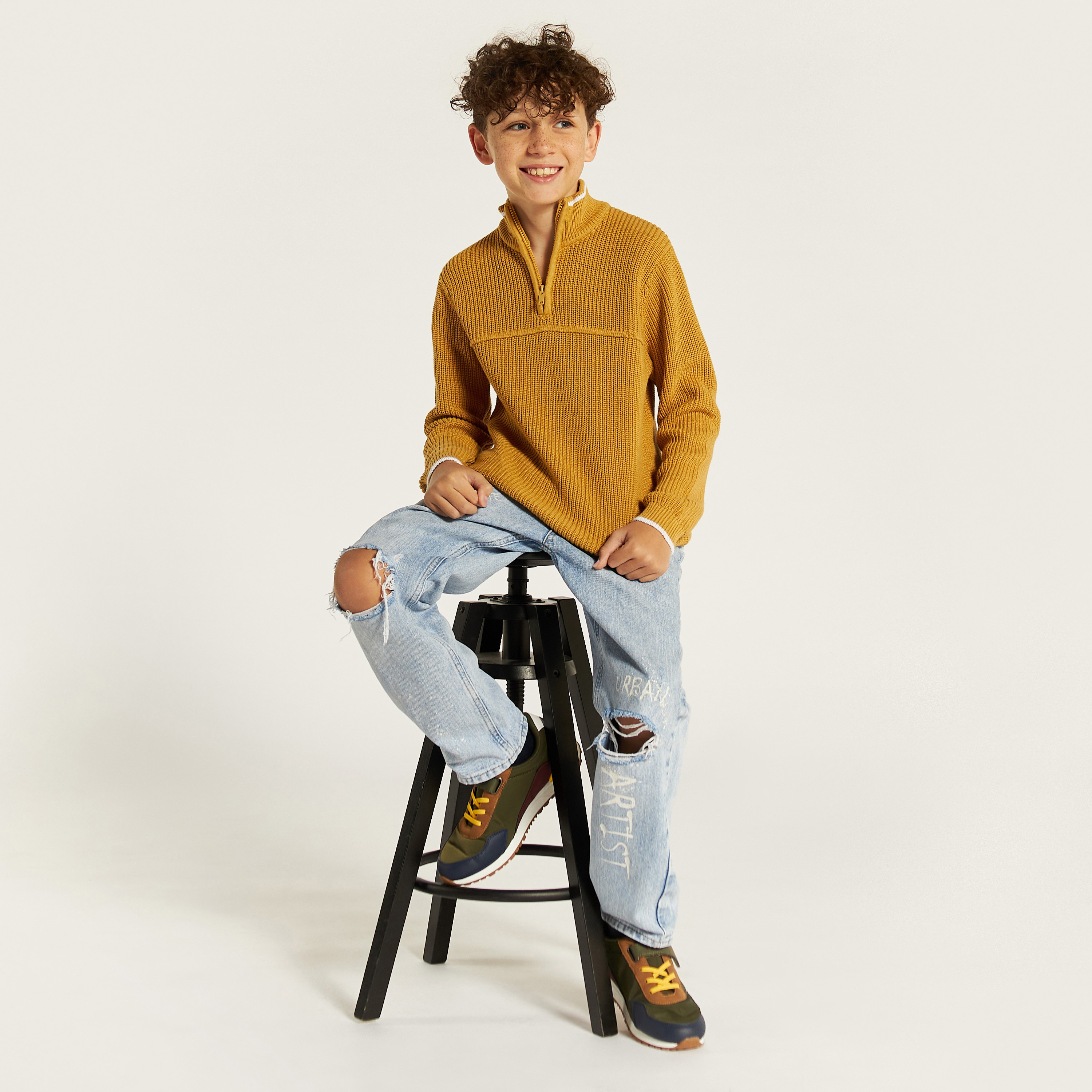 Juniors Textured High Neck Pullover with Zip Closure-boys-clothing-jumpersandcardigans-image-1