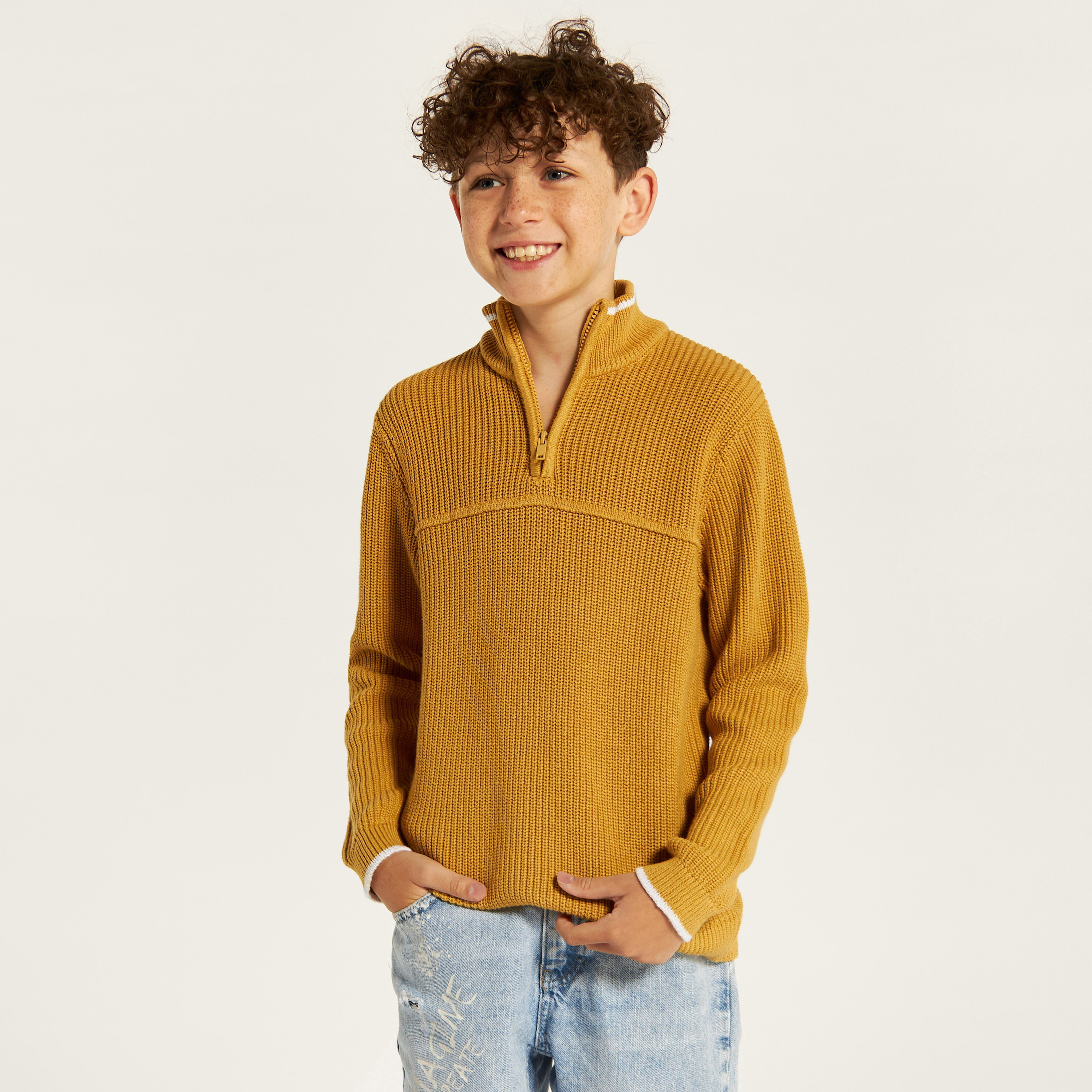 Juniors Textured High Neck Pullover with Zip Closure-boys-clothing-jumpersandcardigans-image-2