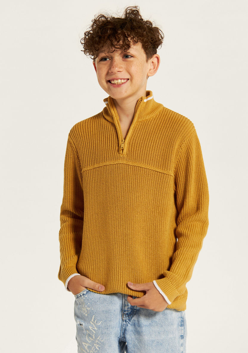 Juniors Textured High Neck Pullover with Zip Closure-Sweaters and Cardigans-image-1