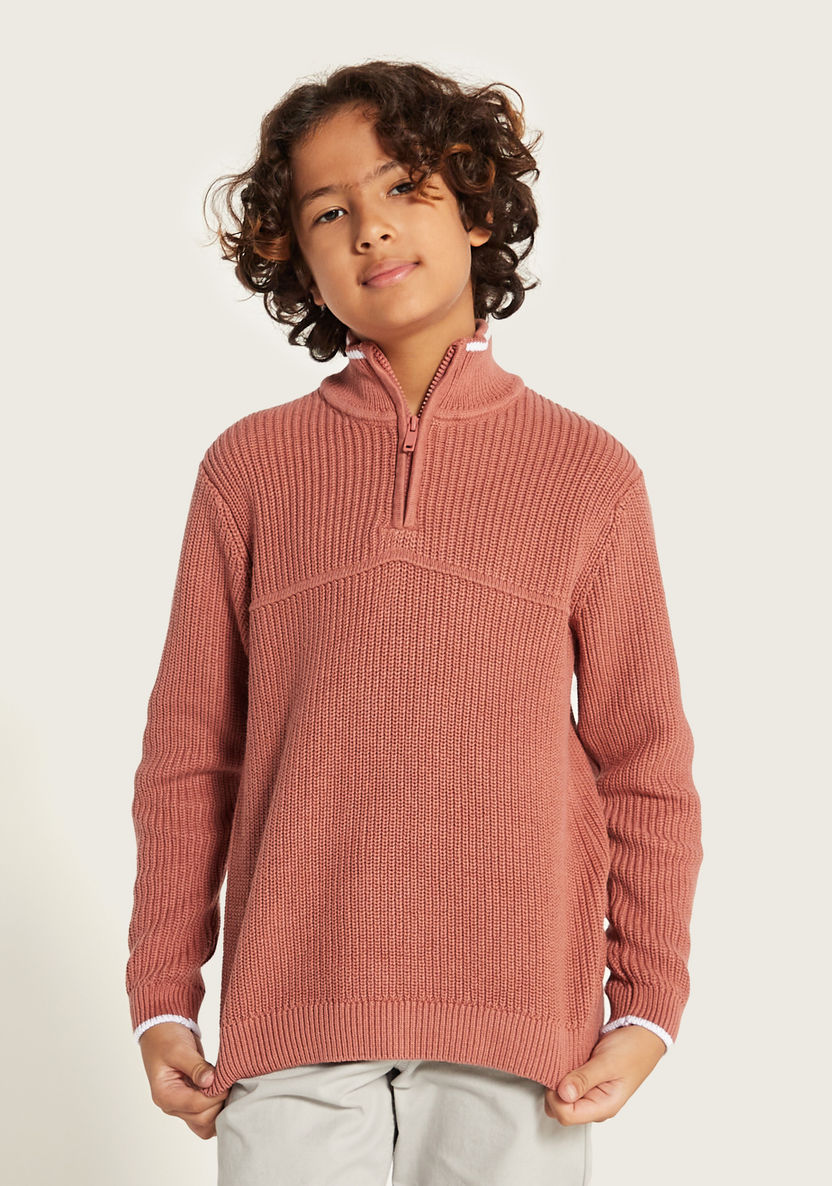 Juniors Textured High Neck Pullover with Zip Closure-Sweaters and Cardigans-image-1