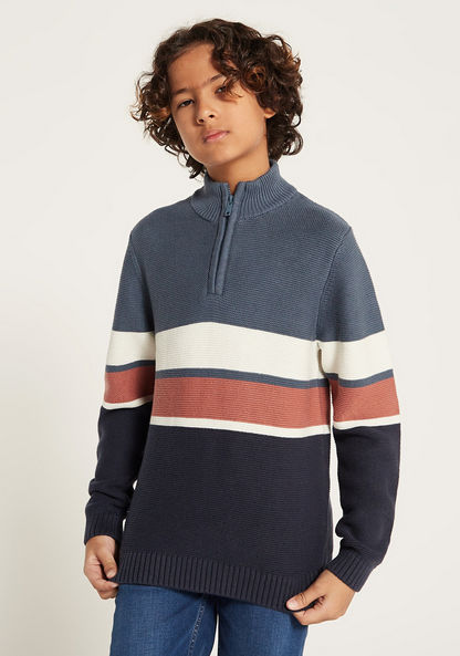 Juniors Striped Long Sleeves Sweater with High Neck and Half Zip Closure-Sweaters and Cardigans-image-1