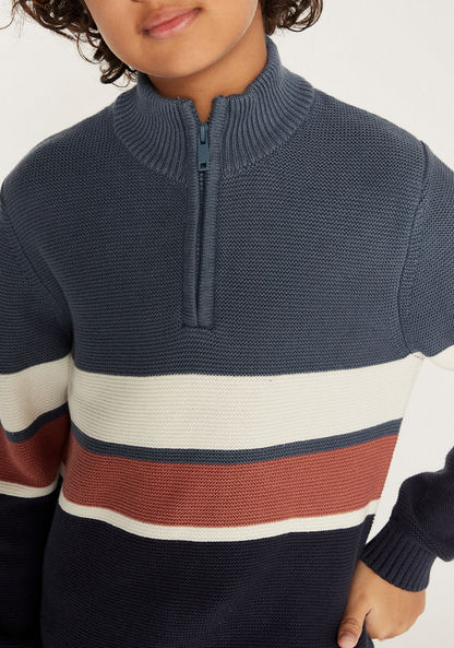 Juniors Striped Long Sleeves Sweater with High Neck and Half Zip Closure-Sweaters and Cardigans-image-2