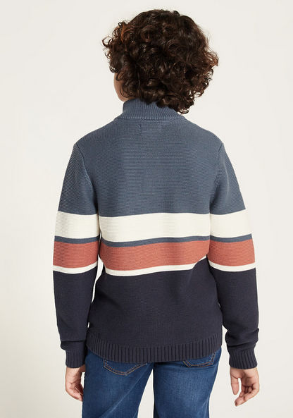 Juniors Striped Long Sleeves Sweater with High Neck and Half Zip Closure-Sweaters and Cardigans-image-3