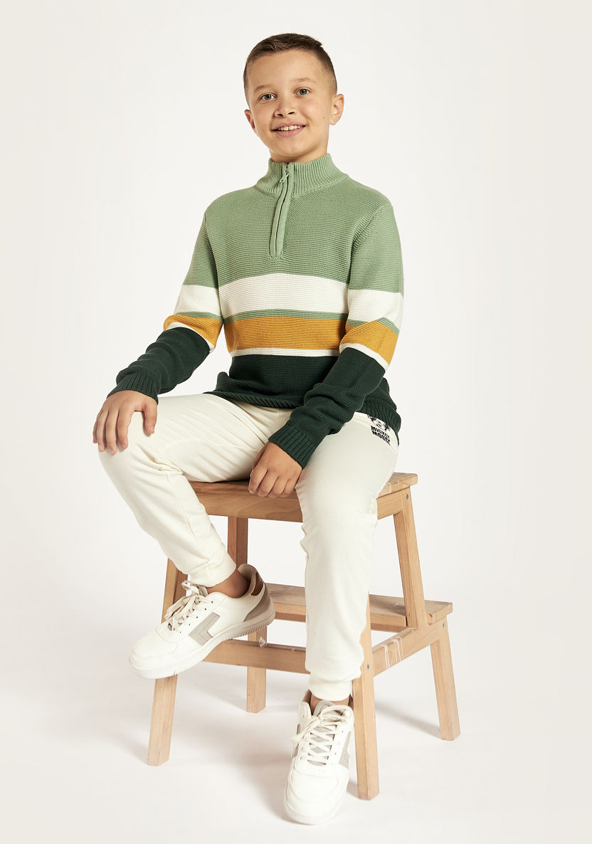 Juniors Striped Long Sleeves Sweater with High Neck and Half Zip Closure-Sweaters and Cardigans-image-0